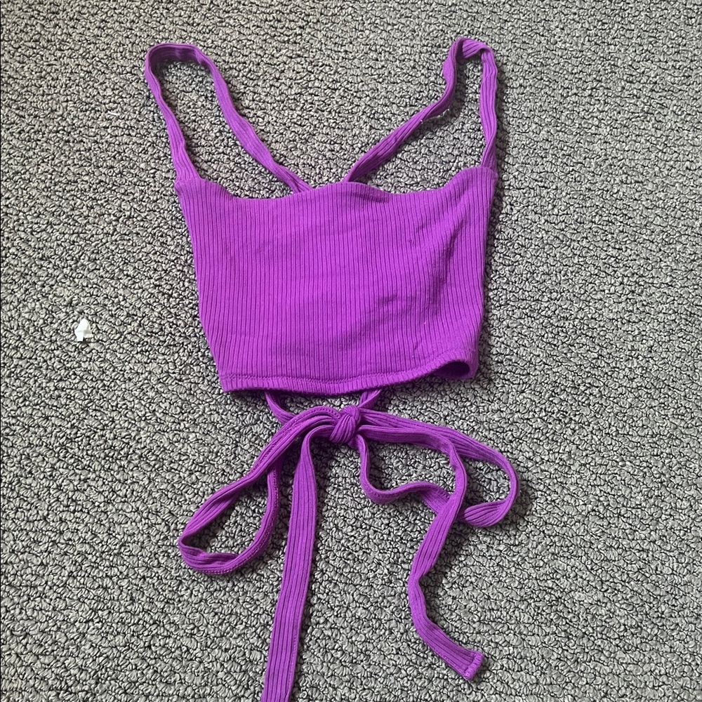 Purple Ribbed Tie-back Crop Top